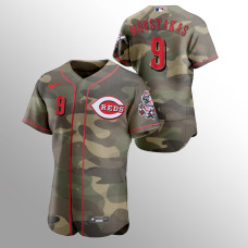 Men's Cincinnati Reds Mike Moustakas #9 Camo 2021 Armed Forces Day Authentic Jersey