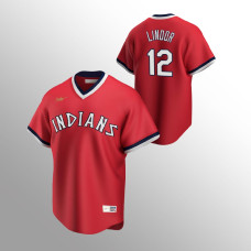 Men's Cleveland Indians #12 Francisco Lindor Red Road Cooperstown Collection Jersey