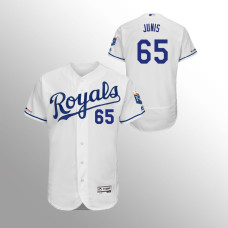 Men's Kansas City Royals #65 White Jakob Junis MLB 150th Anniversary Patch Flex Base Majestic Home Jersey