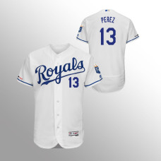 Men's Kansas City Royals #13 White Salvador Perez MLB 150th Anniversary Patch Flex Base Majestic Home Jersey