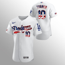 Men's Los Angeles Dodgers #10 Justin Turner 2020 Stars & Stripes 4th of July White Jersey