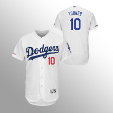 Men's Los Angeles Dodgers #10 White Justin Turner MLB 150th Anniversary Patch Flex Base Majestic Home Jersey