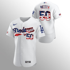 Men's Los Angeles Dodgers #50 Mookie Betts 2020 Stars & Stripes 4th of July White Jersey