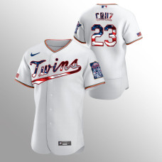 Men's Minnesota Twins #23 Nelson Cruz 2020 Stars & Stripes 4th of July White Jersey