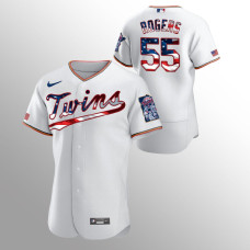 Men's Minnesota Twins #55 Taylor Rogers 2020 Stars & Stripes 4th of July White Jersey