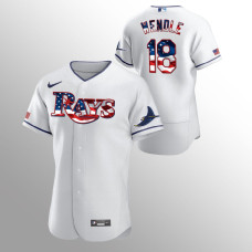 Men's Tampa Bay Rays #18 Joey Wendle 2020 Stars & Stripes 4th of July White Jersey